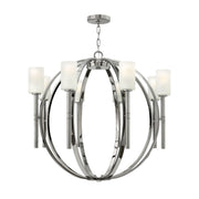 Hinkley Margeaux chandelier showing polished nickel curved ribs and torch-style lights.