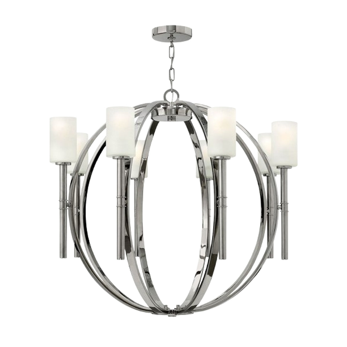Hinkley Margeaux chandelier showing polished nickel curved ribs and torch-style lights.