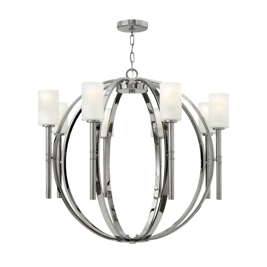 Hinkley Margeaux chandelier showing polished nickel curved ribs and torch-style lights.