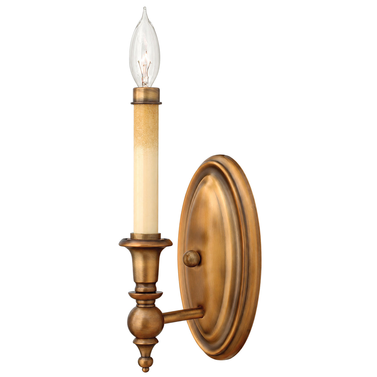 Hinkley Yorktown 3620BR wall sconce with one candle light, a turned cup and stepped bronze backplate