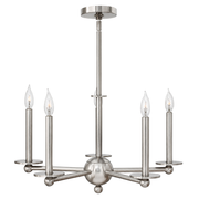 Hinkley Piedmont Brushed Nickel chandelier with straight radial arms and tall candle sleeves