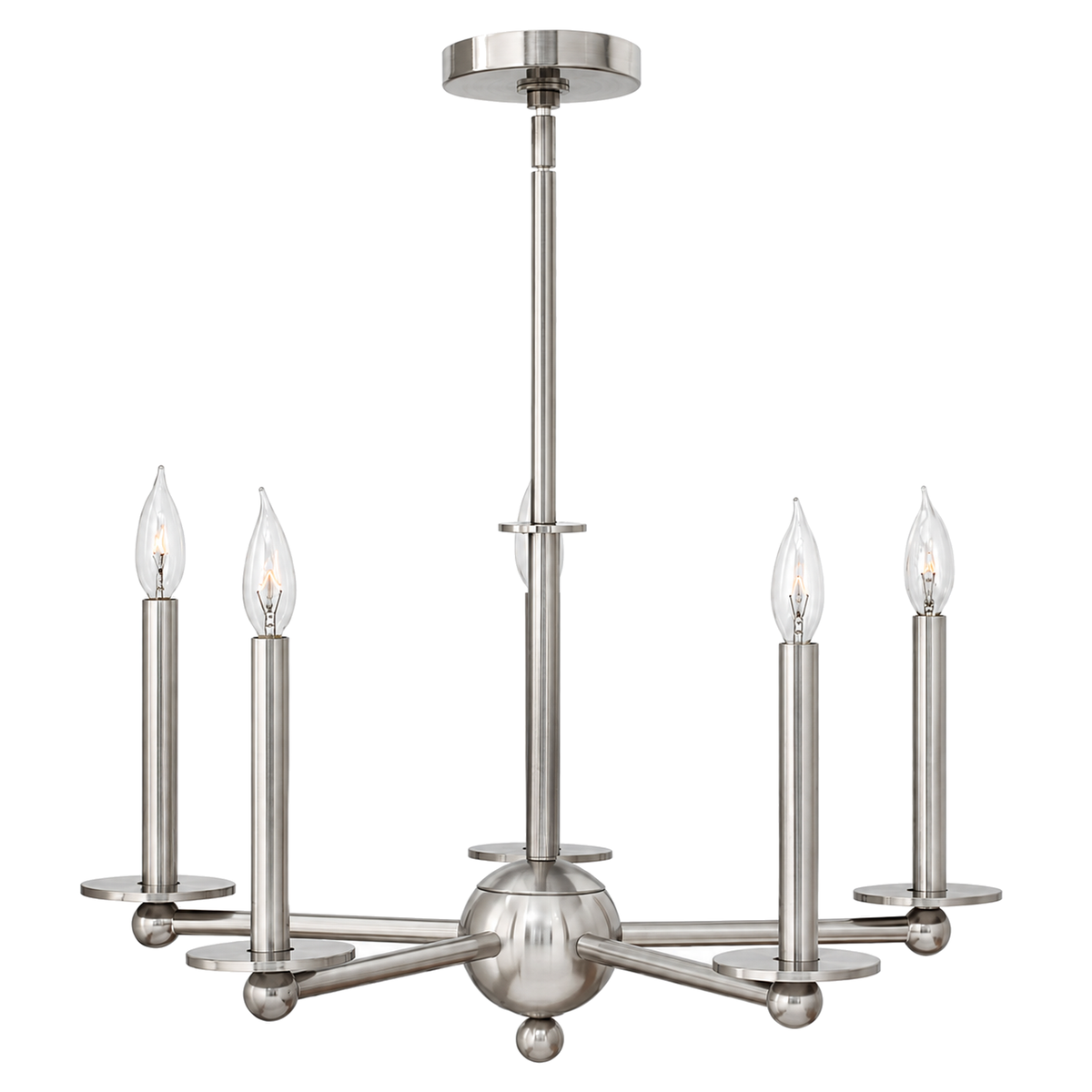 Hinkley Piedmont Brushed Nickel chandelier with straight radial arms and tall candle sleeves