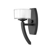 Hinkley Meridian 3870SK wall sconce with a low pale shade, curved satin black tail and bowed backplate