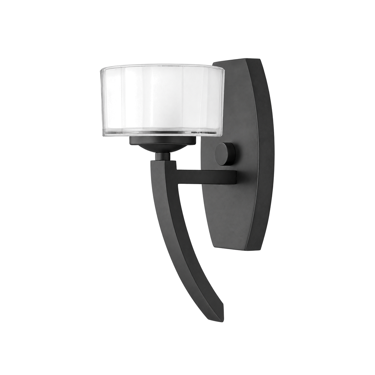 Hinkley Meridian 3870SK wall sconce with a low pale shade, curved satin black tail and bowed backplate