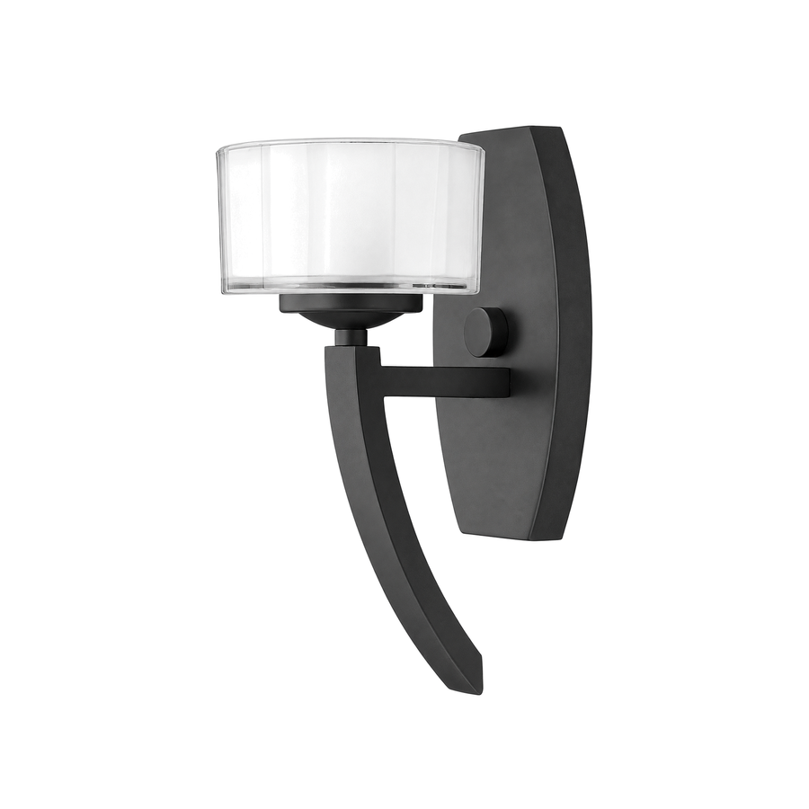 Hinkley Meridian 3870SK wall sconce with a low pale shade, curved satin black tail and bowed backplate
