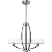 Hinkley Meridian nickel chandelier with three pale drum shades and tall curved arms