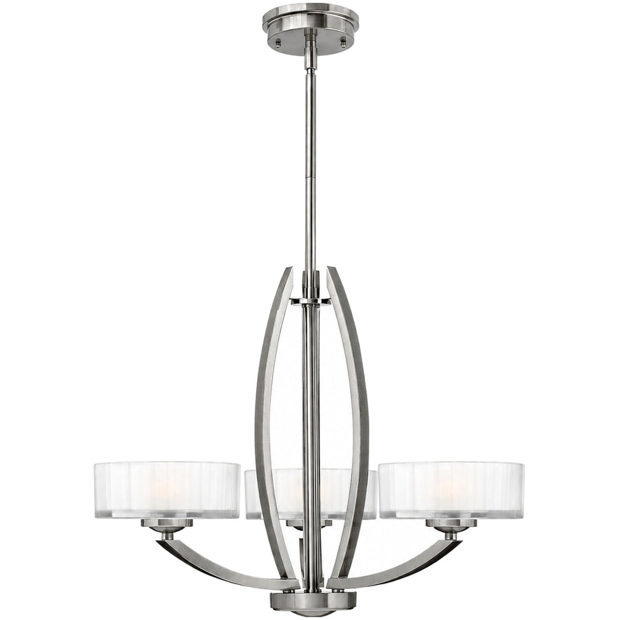Hinkley Meridian nickel chandelier with three pale drum shades and tall curved arms