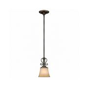 Hinkley Plymouth Olde Bronze mini pendant with a beige shade, slender stem and scroll accents