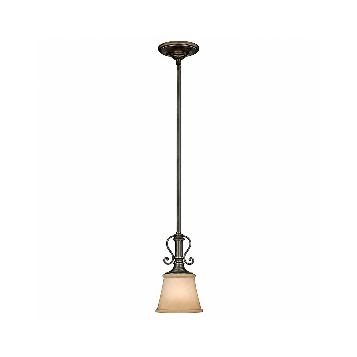 Hinkley Plymouth Olde Bronze mini pendant with a beige shade, slender stem and scroll accents