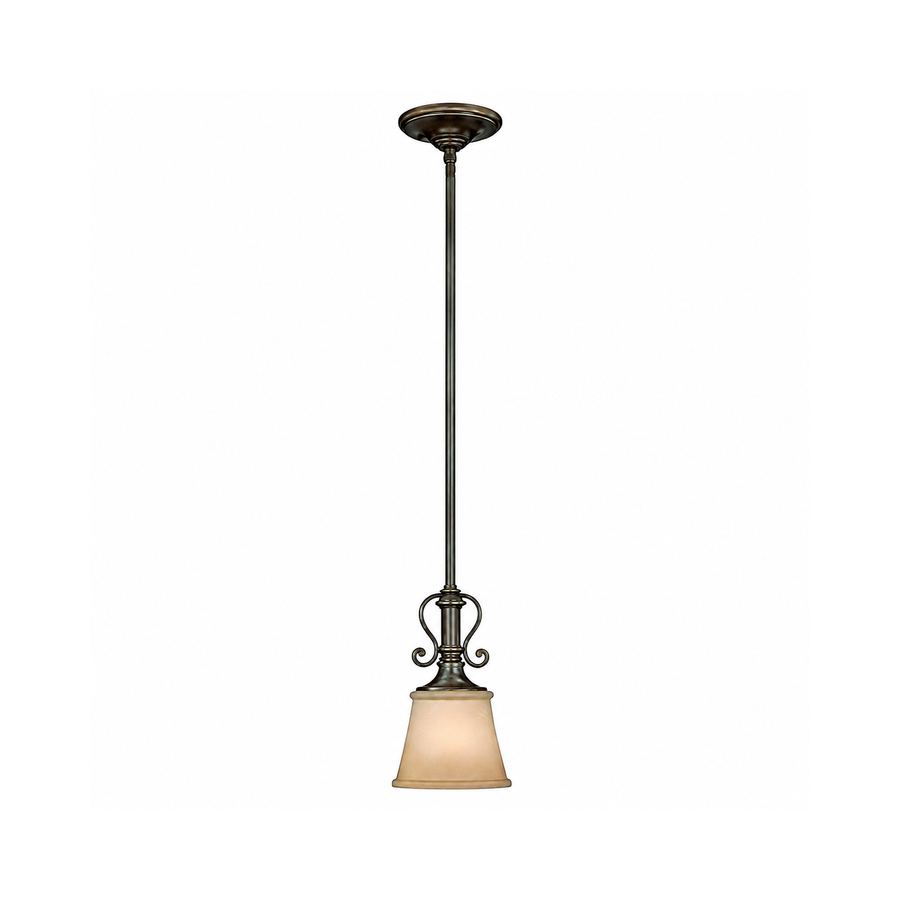 Hinkley Plymouth Olde Bronze mini pendant with a beige shade, slender stem and scroll accents