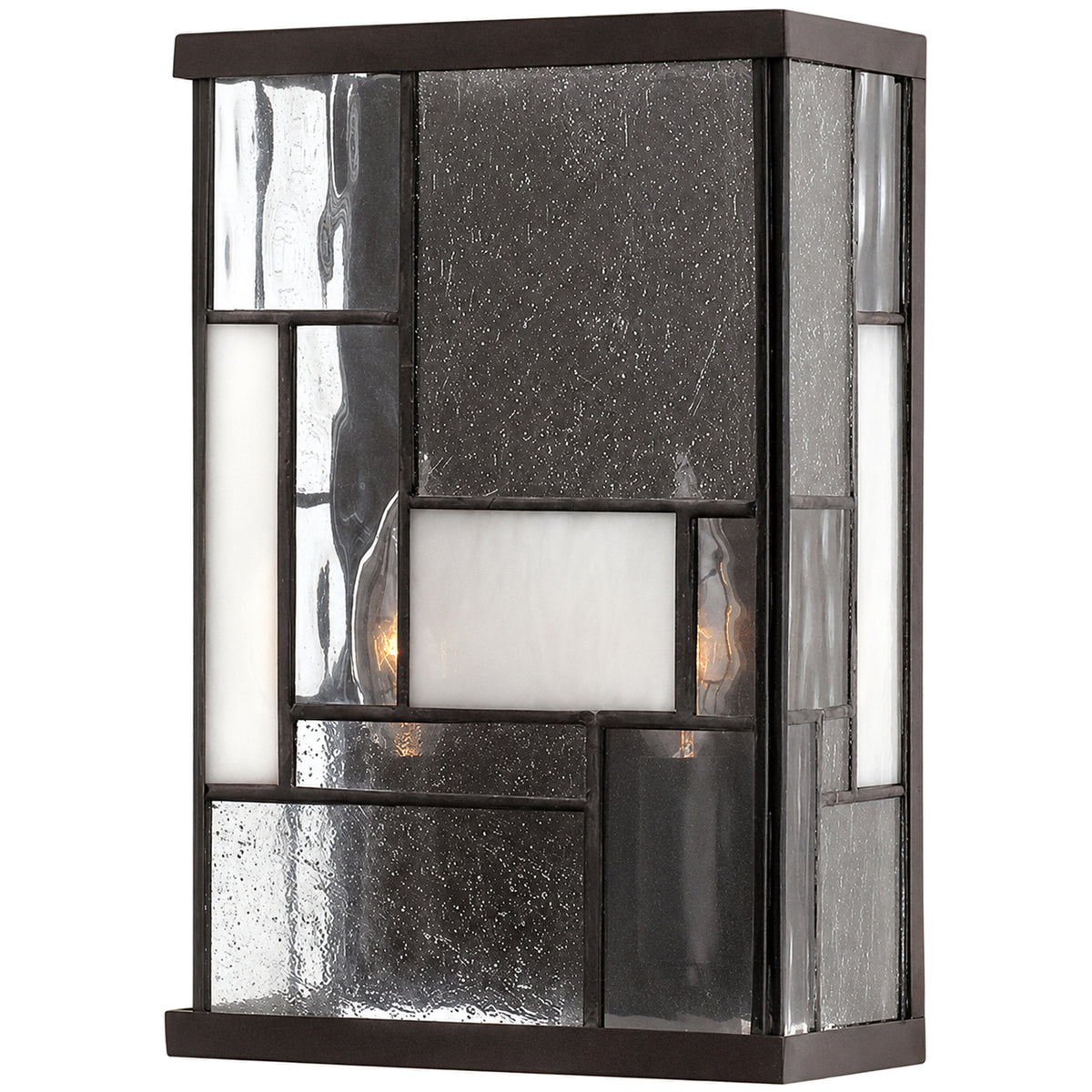 Hinkley Mondrian wall sconce with a Buckeye Bronze frame and asymmetrical clear and white panels