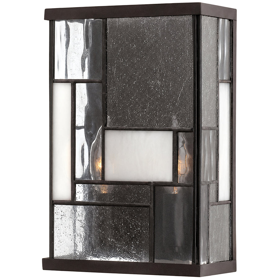 Hinkley Mondrian wall sconce with a Buckeye Bronze frame and asymmetrical clear and white panels