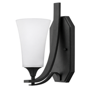 Hinkley Brantley wall sconce with a flared white shade, black curved strap arm and shaped backplate