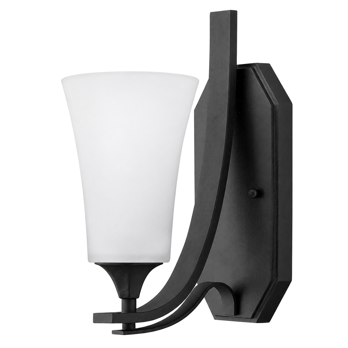 Hinkley Brantley wall sconce with a flared white shade, black curved strap arm and shaped backplate