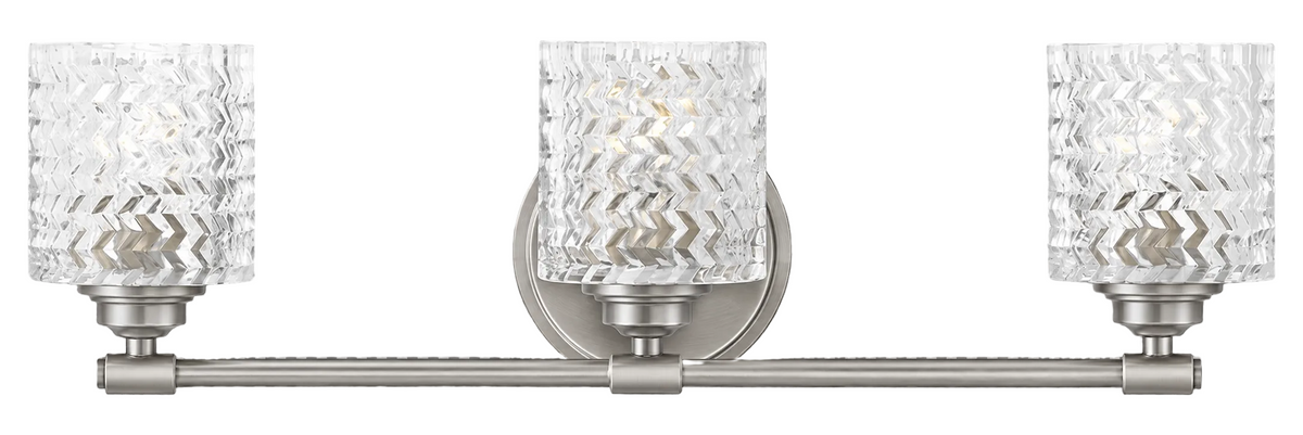 Hinkley 5043BN three-light vanity light in Brushed Nickel with clear chevron glass