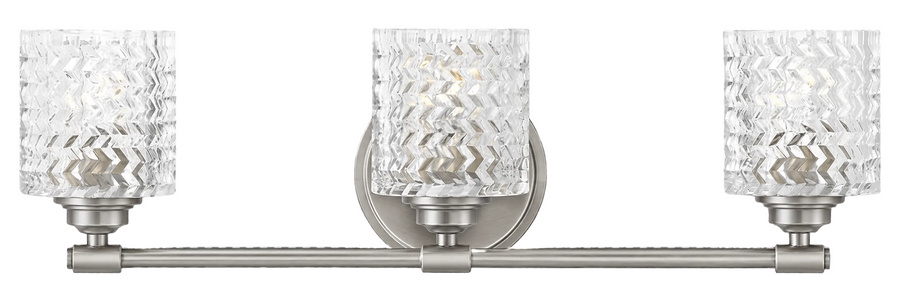 Hinkley 5043BN three-light vanity light in Brushed Nickel with clear chevron glass