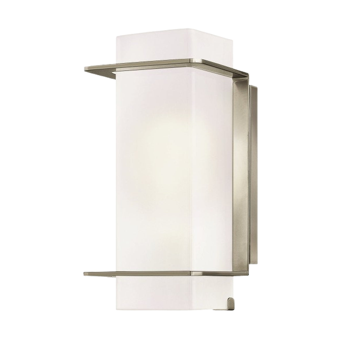 Hinkley Union 52370BN sconce showing the straight-edged diffuser, two retaining bands and rectangular backplate