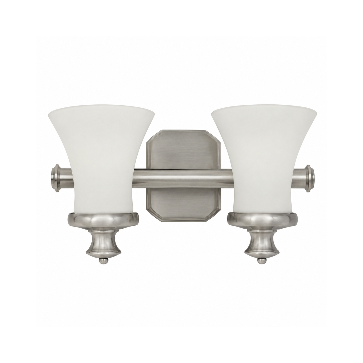 Hinkley Amherst brushed nickel vanity light with two flared white shades and a clipped-corner backplate.