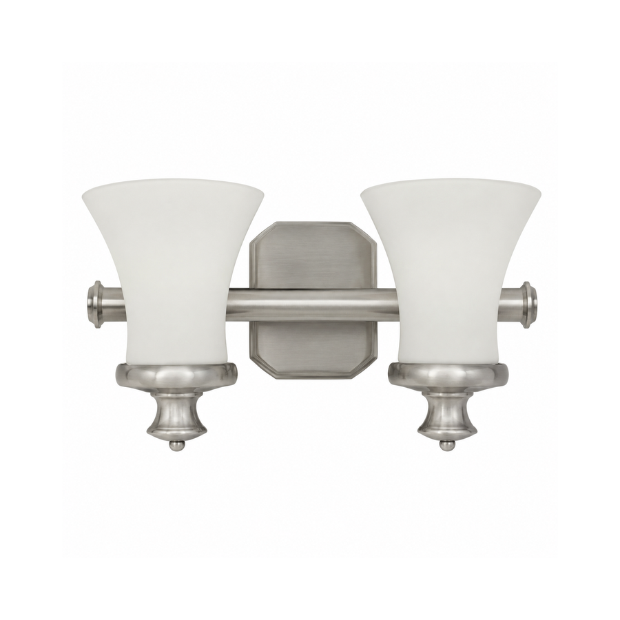 Hinkley Amherst brushed nickel vanity light with two flared white shades and a clipped-corner backplate.