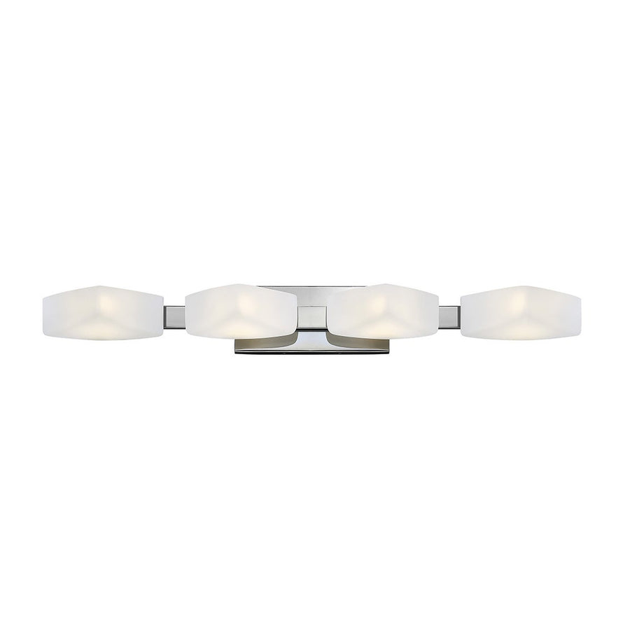 Full view of the Hinkley Quantum chrome vanity light with four pale curved shades