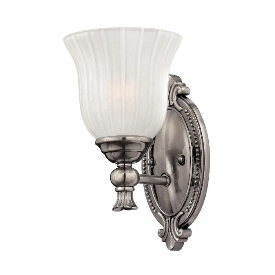 Hinkley Francoise 5580PL sconce showing its flared glass cup, curled metal details and lower fluted finial