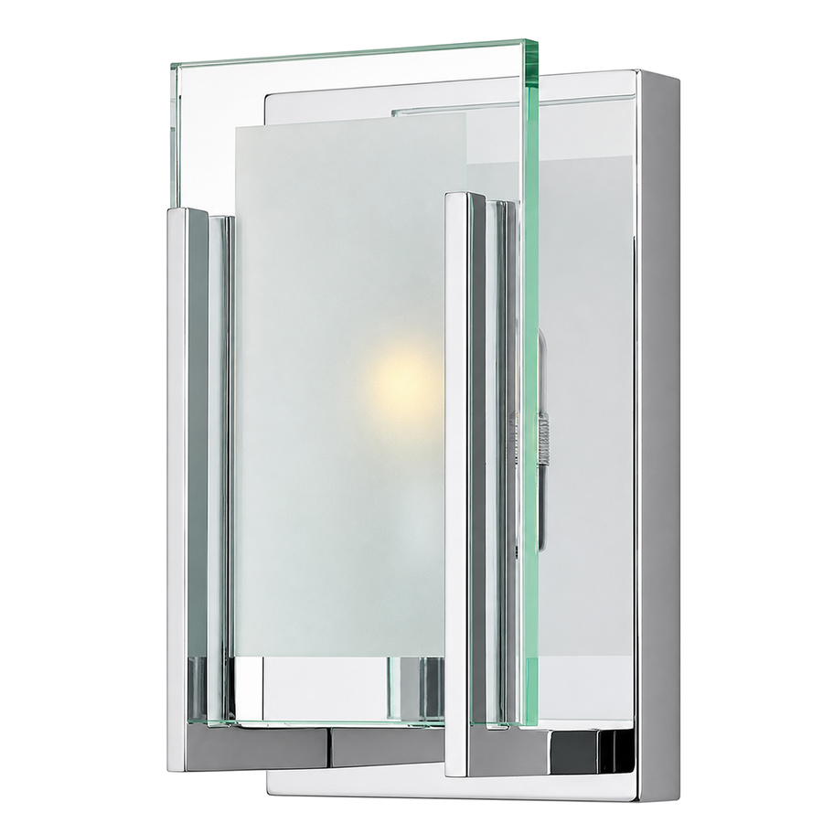Hinkley Latitude chrome wall sconce with a vertical etched-glass panel