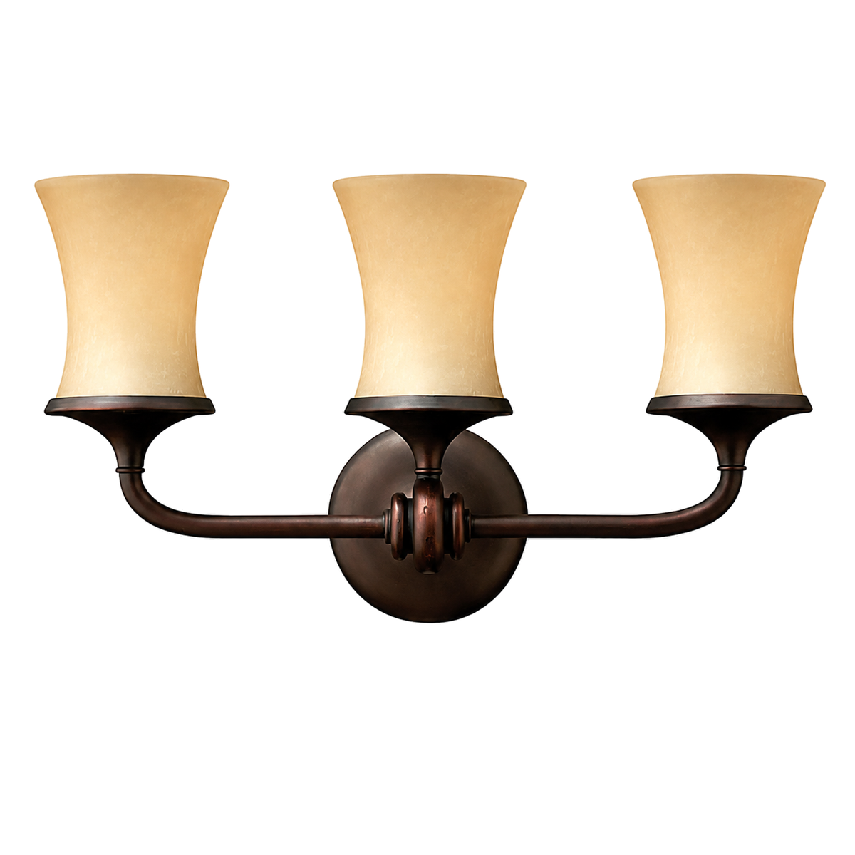 Hinkley Thistledown vanity light with three warm Amber Linen shades and a curved Victorian Bronze frame