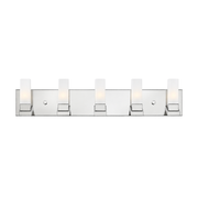 Hinkley Omni polished-nickel vanity light with five slender rectangular opal shades along a flat backplate.