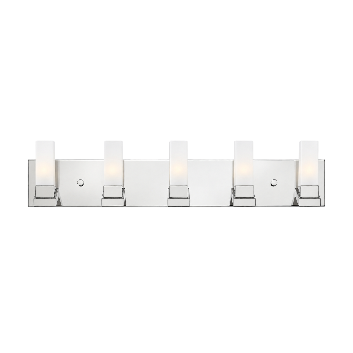 Hinkley Omni polished-nickel vanity light with five slender rectangular opal shades along a flat backplate.