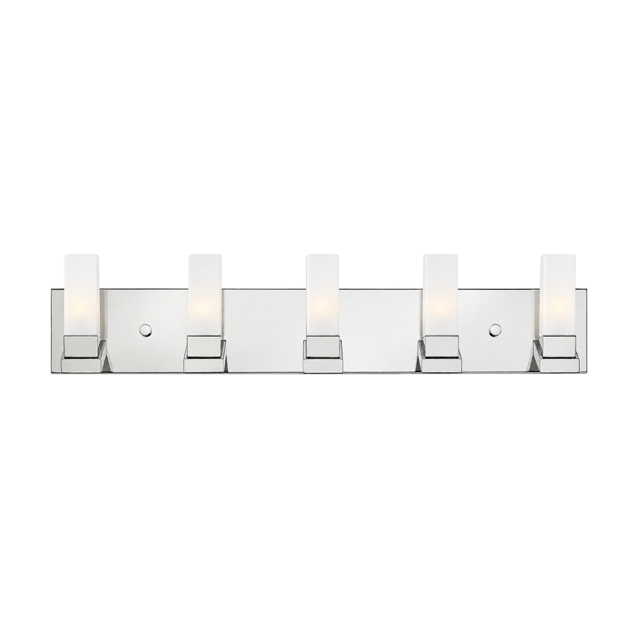 Hinkley Omni polished-nickel vanity light with five slender rectangular opal shades along a flat backplate.