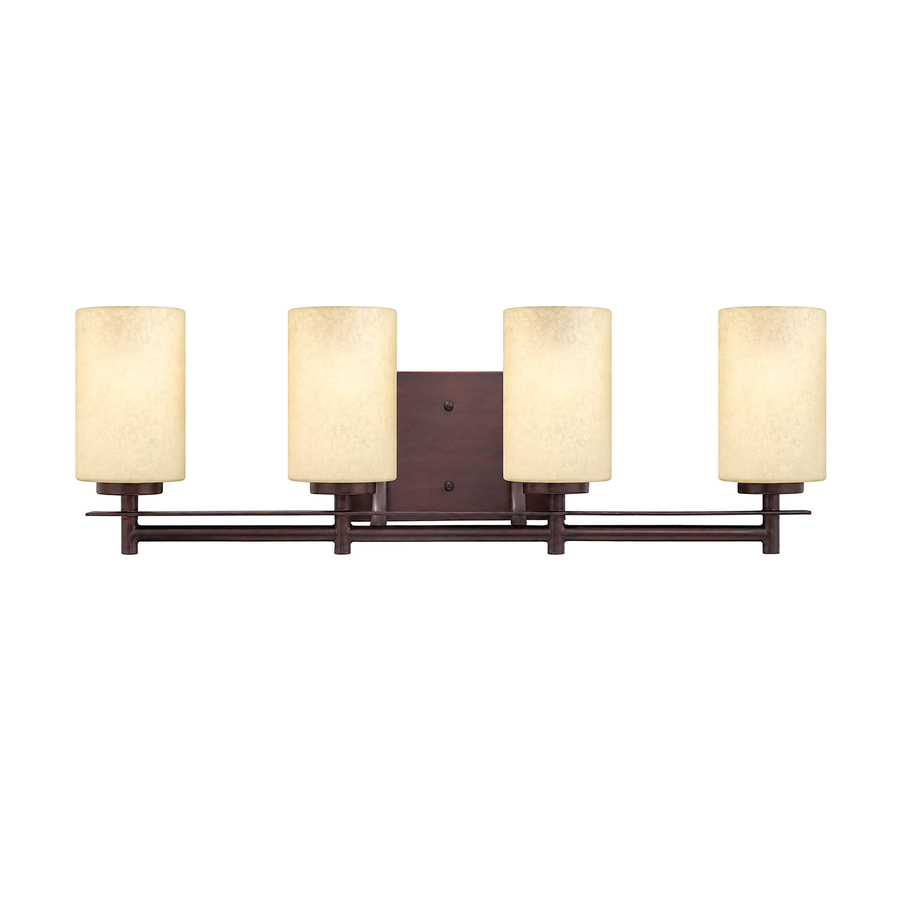 Hinkley Stowe Metro Copper vanity light with four warm textured shades above long paired rails.