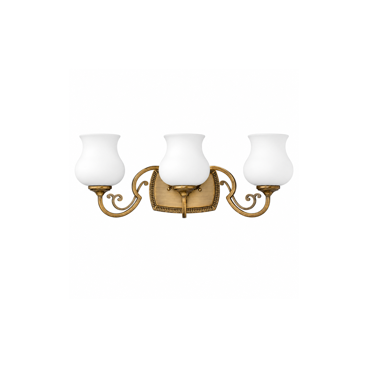 Hinkley Olivia brass three-light vanity with scrolling arms and white tulip shades