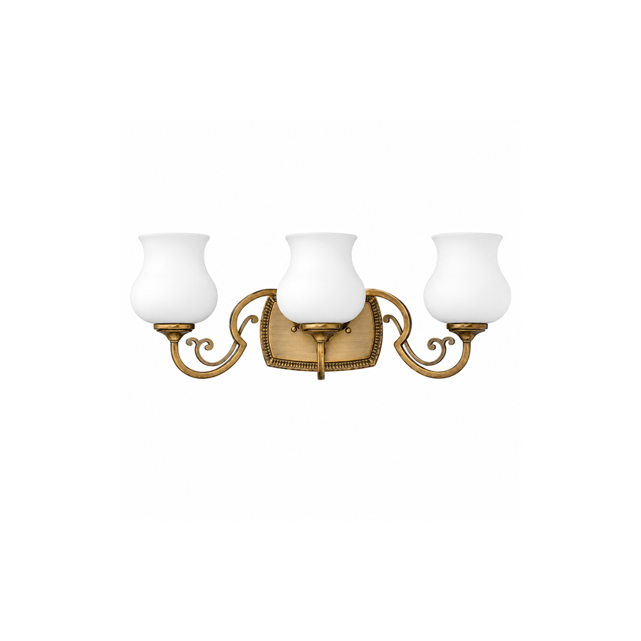 Hinkley Olivia brass three-light vanity with scrolling arms and white tulip shades