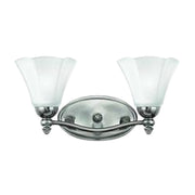 Front view of the Hinkley Bloom vanity light with scalloped shades and a curved nickel arm.