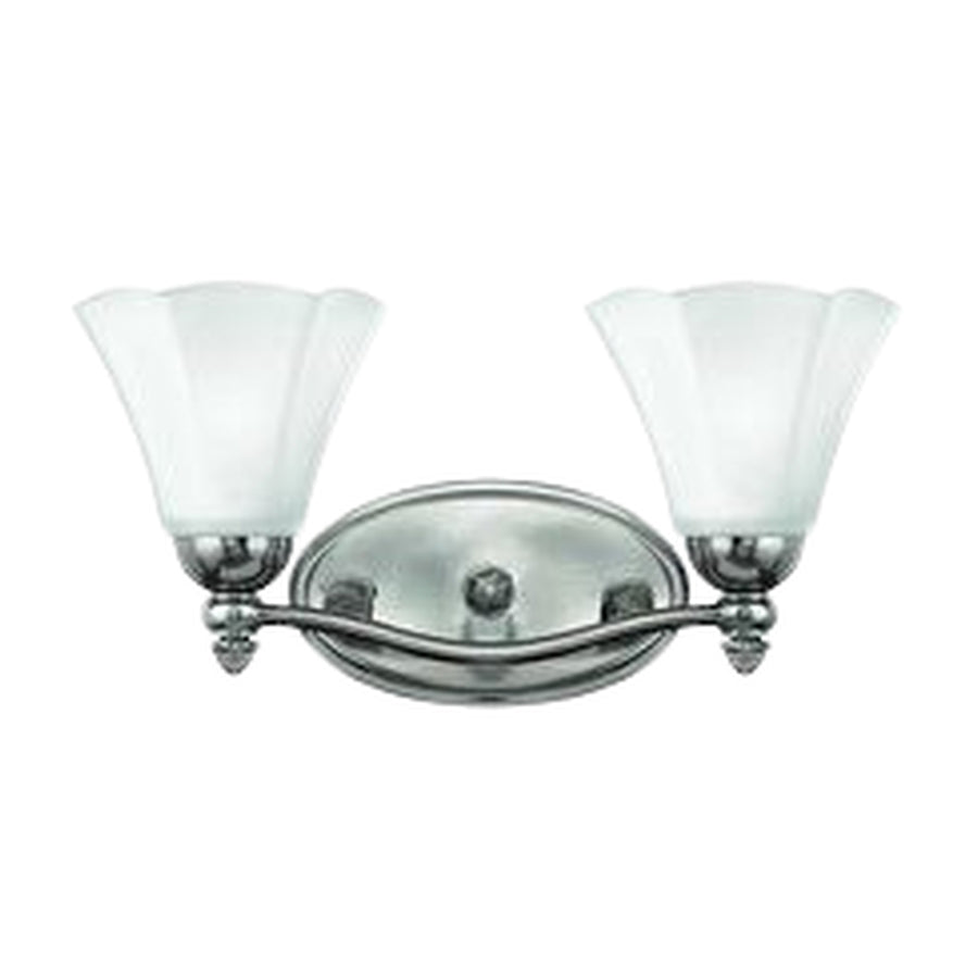 Front view of the Hinkley Bloom vanity light with scalloped shades and a curved nickel arm.