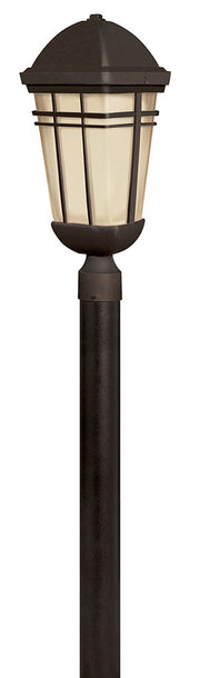 Hinkley Buckley Olde Bronze lantern with pale amber panels, shown on a post