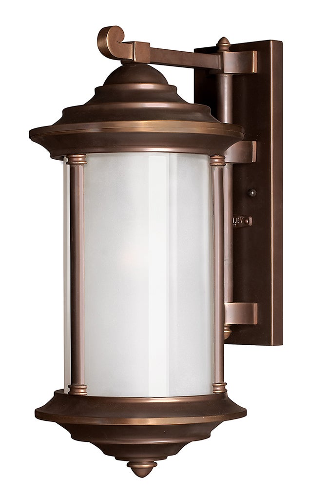 Hinkley Hanna Metro Bronze wall lantern with white panels, slender ribs and a stepped roof