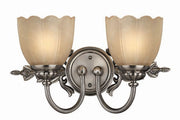 Hinkley Isabella 5392PL vanity light with two scalloped amber-toned shades and antiqued nickel leaf detailing.
