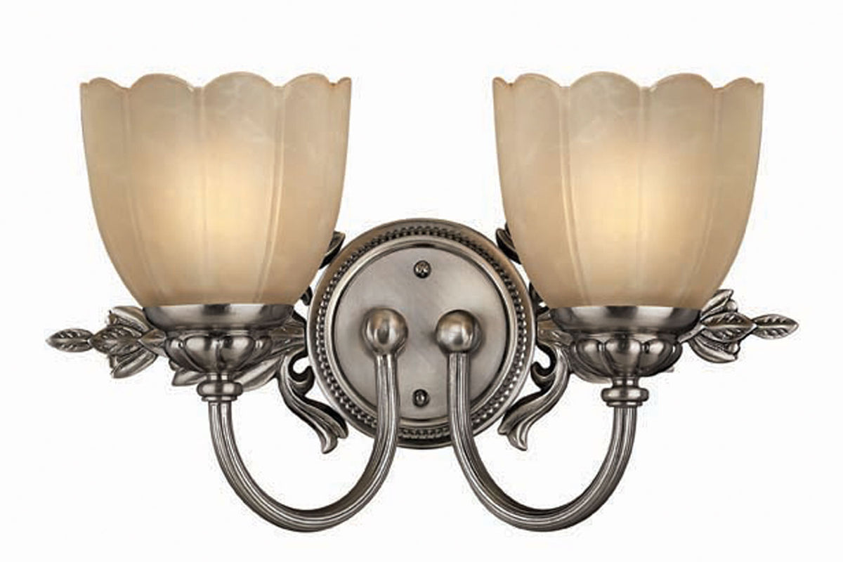 Hinkley Isabella 5392PL vanity light with two scalloped amber-toned shades and antiqued nickel leaf detailing.