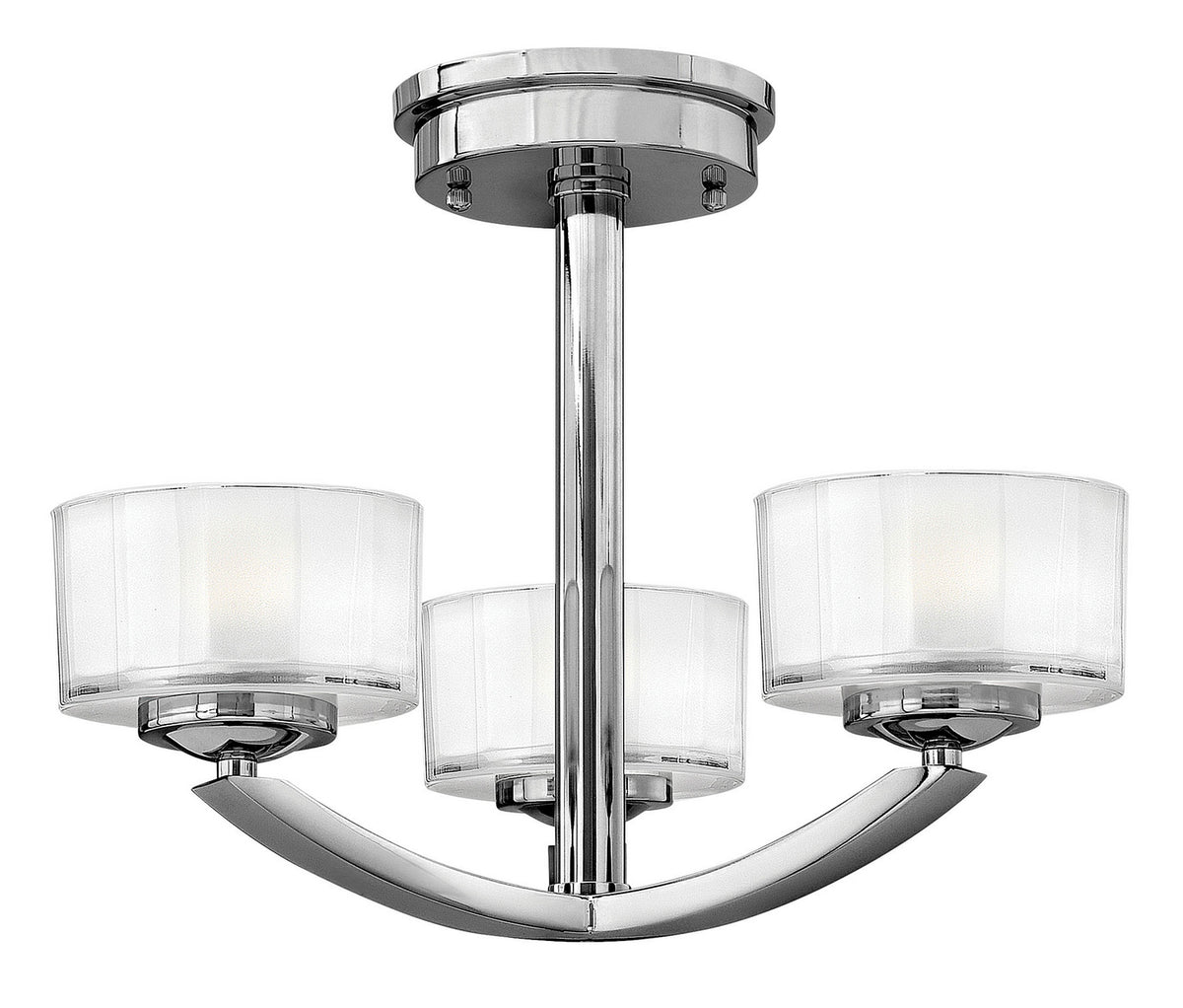 Hinkley Meridian chrome three-light semi-flush mount with cylindrical shades