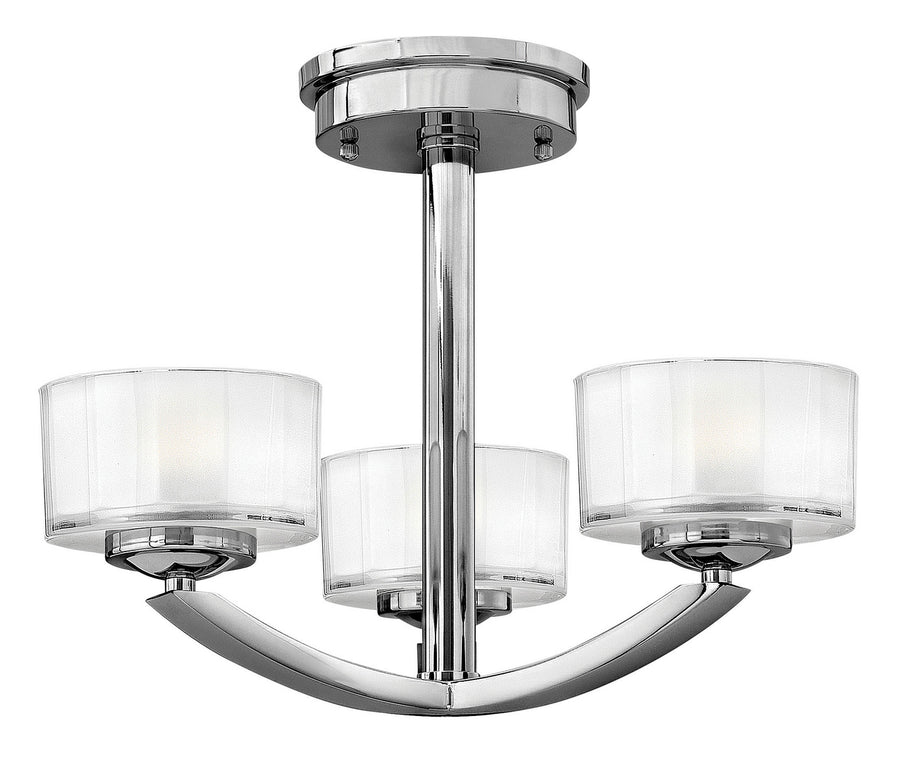 Hinkley Meridian chrome three-light semi-flush mount with cylindrical shades