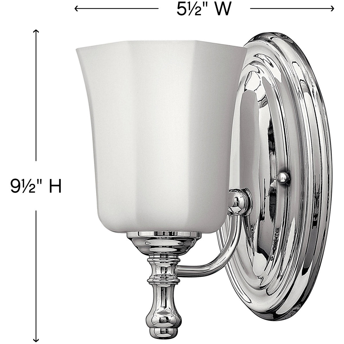 Dimension drawing of the Hinkley Shelly wall sconce with an upward shade and curved arm
