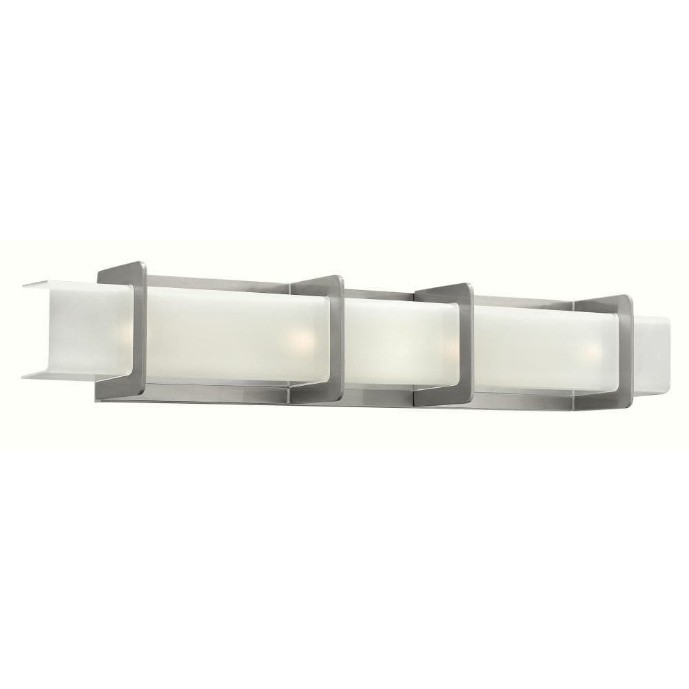 Opposite angled view of the Hinkley Union Brushed Nickel bath bar, showing the end of its etched-glass channel.