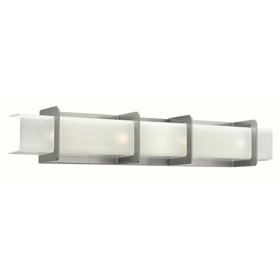 Opposite angled view of the Hinkley Union Brushed Nickel bath bar, showing the end of its etched-glass channel.