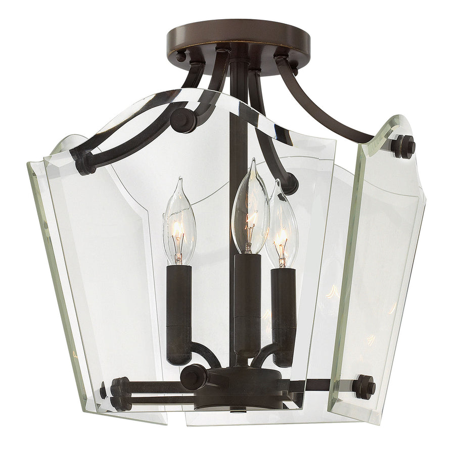 Hinkley Wingate 3003OZ semi-flush mount with three candle lights, scalloped clear panels and curved bronze supports