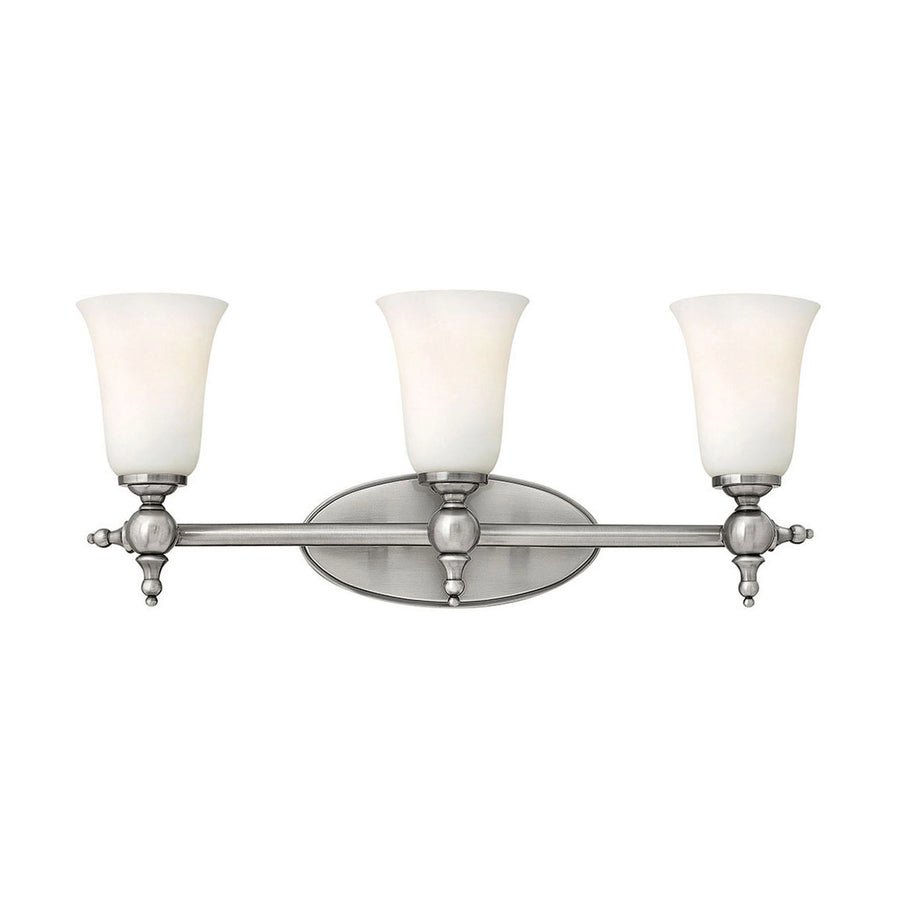 Hinkley Yorktown 5743AN Antique Nickel vanity light with three upward shades and decorative finials