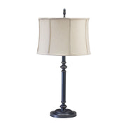 House of Troy Coach CH850-OB table lamp showing its stepped round base, slender column and shaped off-white shade.