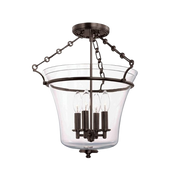 Hudson Valley Eaton 832-OB semi-flush light with four candles inside a clear bell shade on short chains