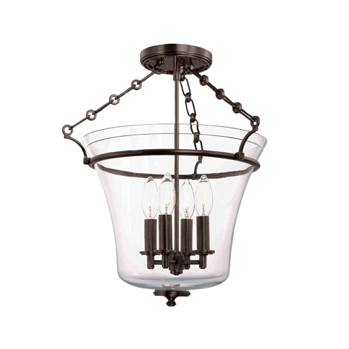 Hudson Valley Eaton 832-OB semi-flush light with four candles inside a clear bell shade on short chains