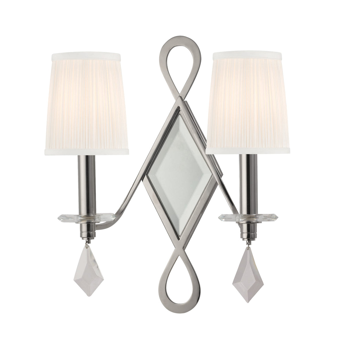 Hudson Valley Cambria 702-PN polished-nickel wall sconce with diamond mirror and pleated shades